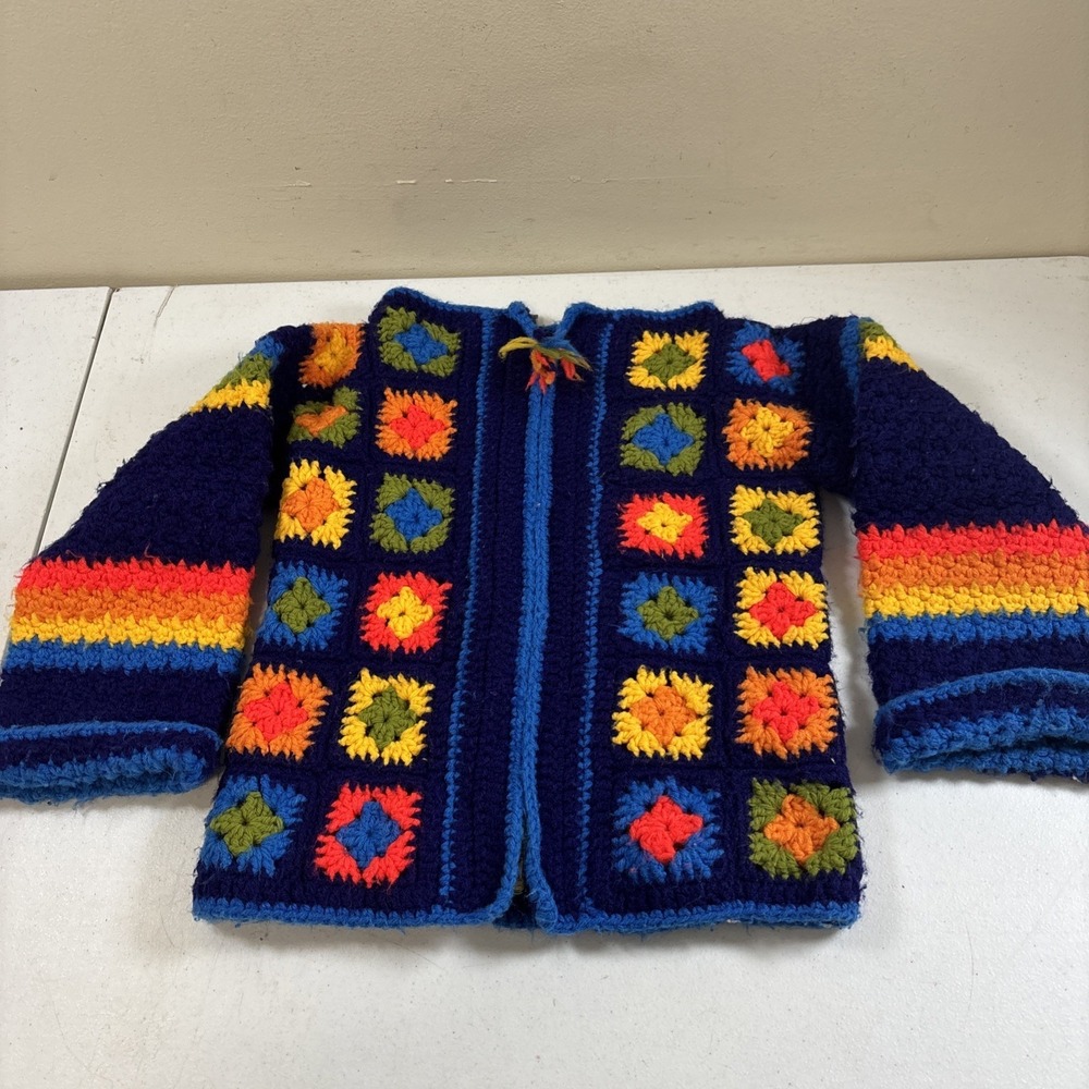 Granny Square Cardigan Sweater Blue Quilted Patchwork Boho Sz 4T-6T Vtg